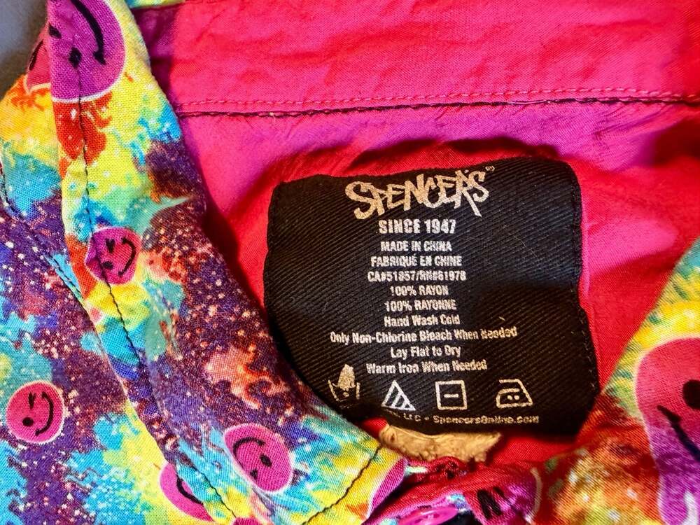 Spencer's Psychedelic Smiley Face Print Short Sleeve Button-Down Shirt - Picture 2 of 3